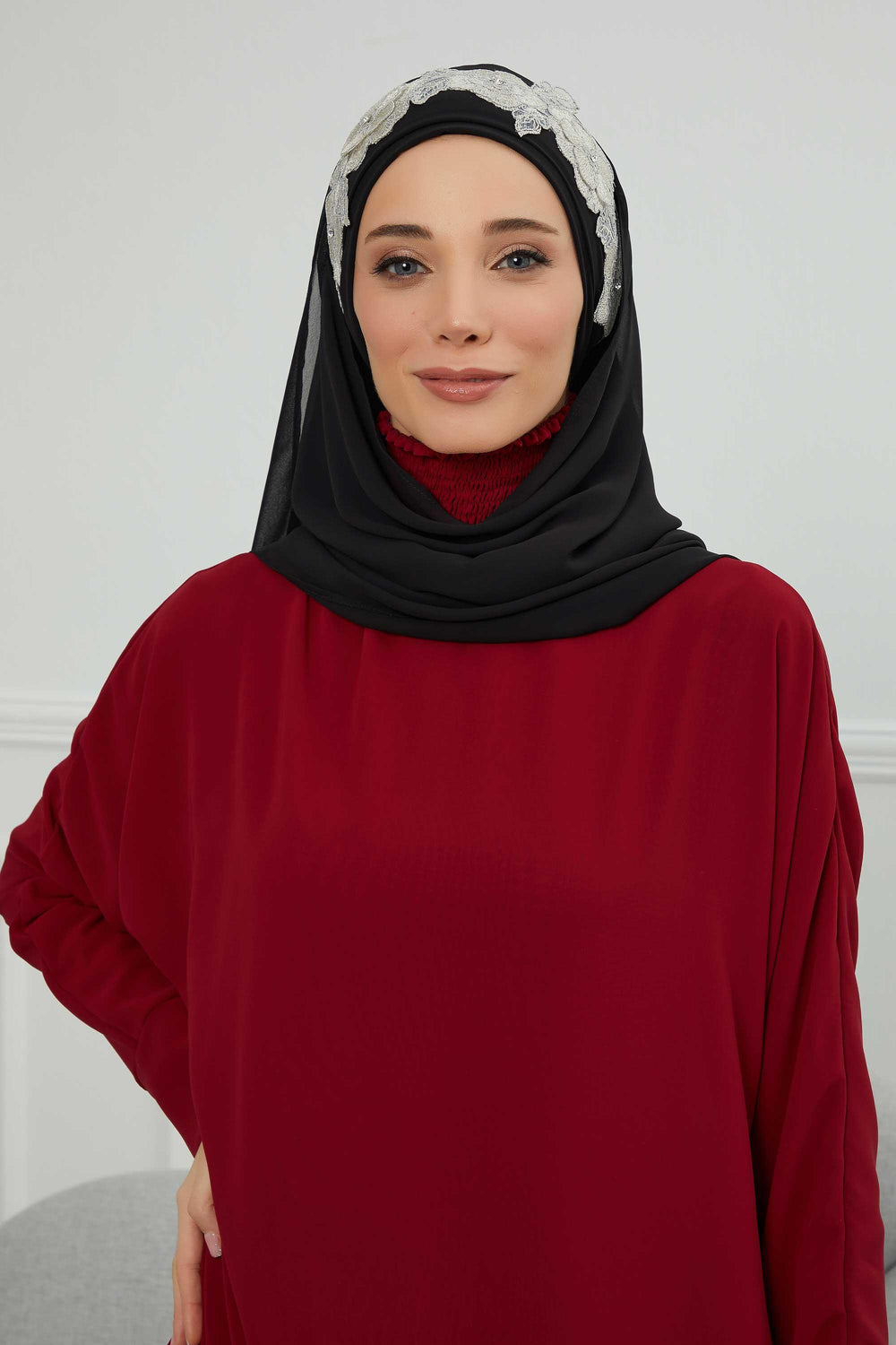 Luxury Instant Chiffon Hijab with Floral Lace, Ready-to-Wear Chiffon Hijab with Embroidered Flowers,CPS-101 Black-Silver
