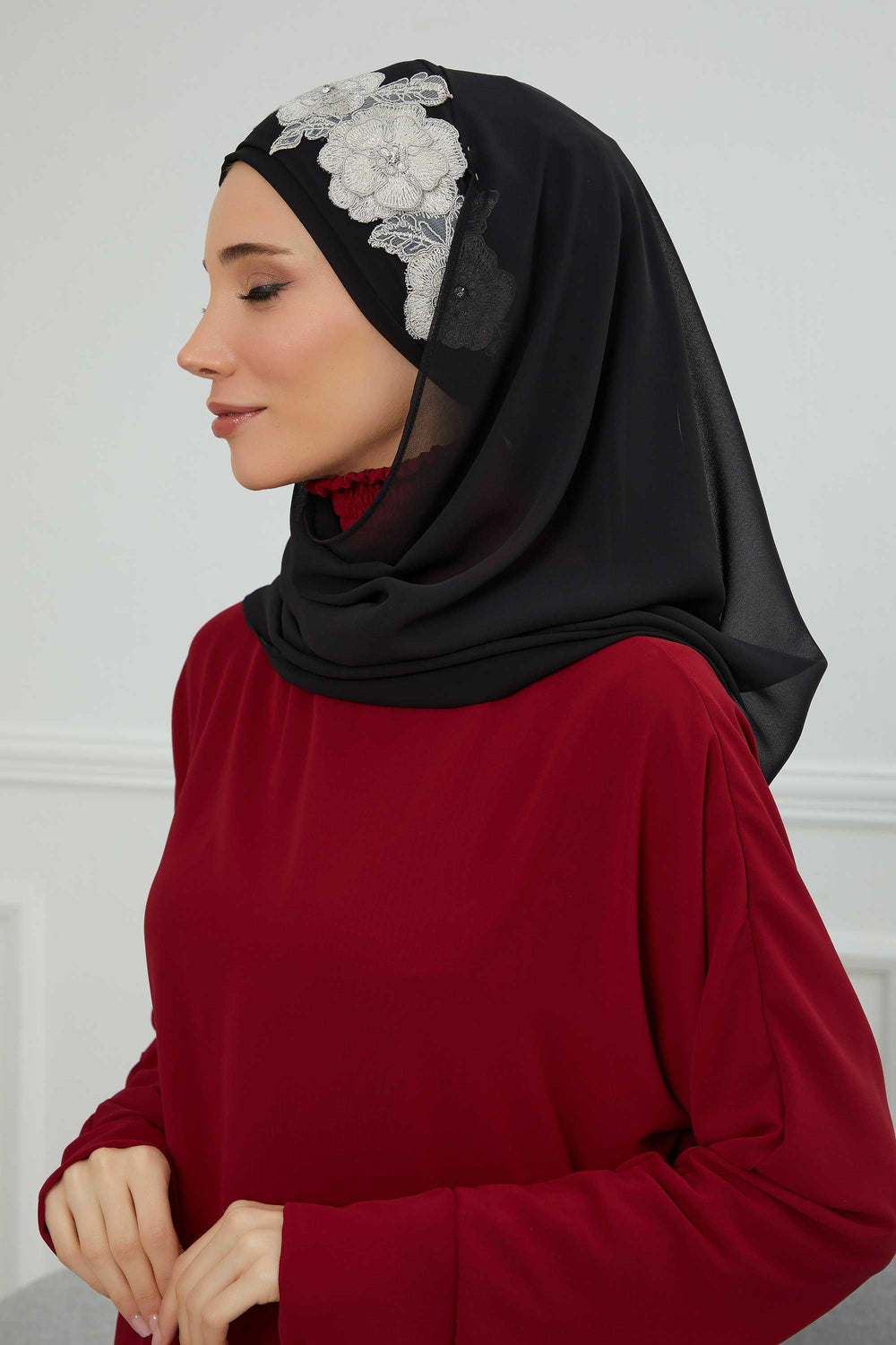 Luxury Instant Chiffon Hijab with Floral Lace, Ready-to-Wear Chiffon Hijab with Embroidered Flowers,CPS-101 Black-Silver