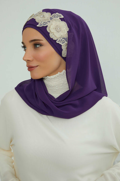 Luxury Instant Chiffon Hijab with Floral Lace, Ready-to-Wear Chiffon Hijab with Embroidered Flowers,CPS-101