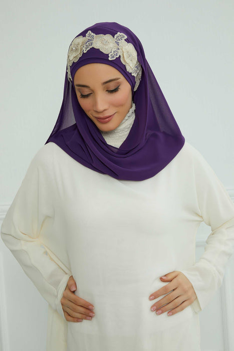 Luxury Instant Chiffon Hijab with Floral Lace, Ready-to-Wear Chiffon Hijab with Embroidered Flowers,CPS-101