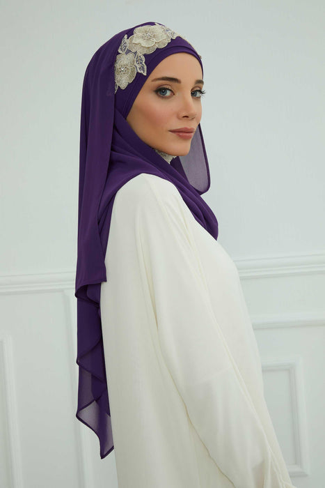 Luxury Instant Chiffon Hijab with Floral Lace, Ready-to-Wear Chiffon Hijab with Embroidered Flowers,CPS-101