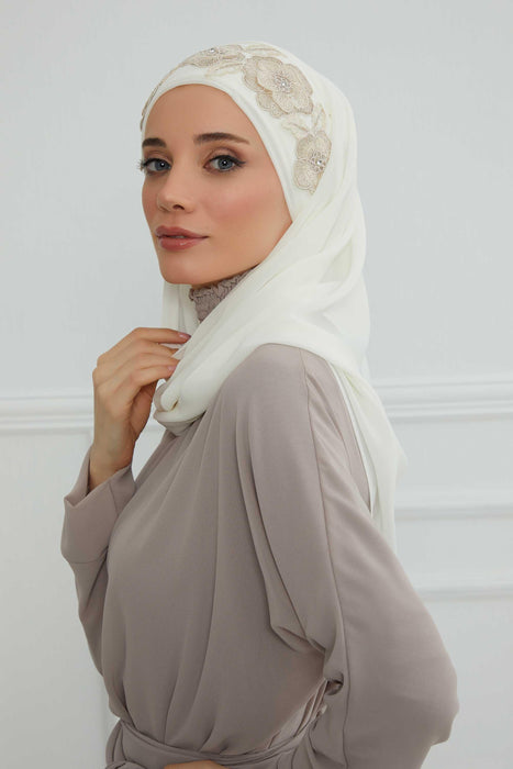 Luxury Instant Chiffon Hijab with Floral Lace, Ready-to-Wear Chiffon Hijab with Embroidered Flowers,CPS-101