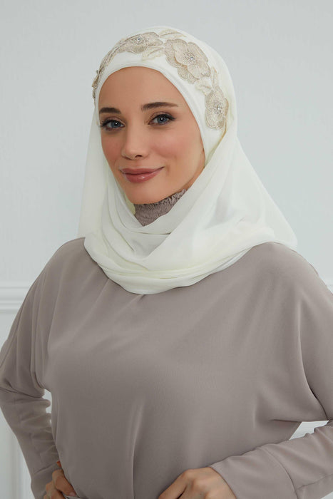 Luxury Instant Chiffon Hijab with Floral Lace, Ready-to-Wear Chiffon Hijab with Embroidered Flowers,CPS-101