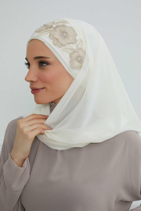 Luxury Instant Chiffon Hijab with Floral Lace, Ready-to-Wear Chiffon Hijab with Embroidered Flowers,CPS-101