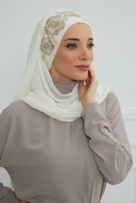 Luxury Instant Chiffon Hijab with Floral Lace, Ready-to-Wear Chiffon Hijab with Embroidered Flowers,CPS-101