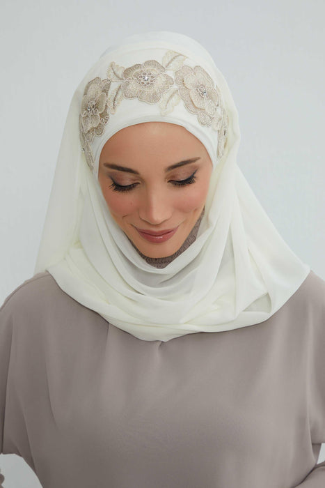 Luxury Instant Chiffon Hijab with Floral Lace, Ready-to-Wear Chiffon Hijab with Embroidered Flowers,CPS-101