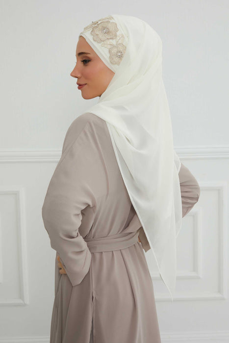 Luxury Instant Chiffon Hijab with Floral Lace, Ready-to-Wear Chiffon Hijab with Embroidered Flowers,CPS-101