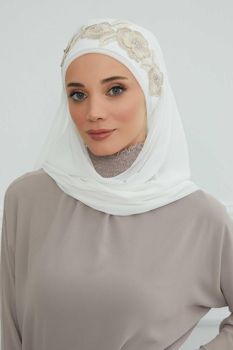 Luxury Instant Chiffon Hijab with Floral Lace, Ready-to-Wear Chiffon Hijab with Embroidered Flowers,CPS-101