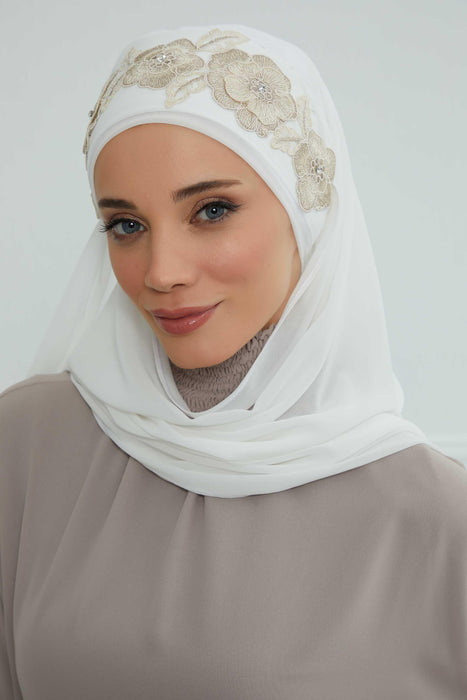 Luxury Instant Chiffon Hijab with Floral Lace, Ready-to-Wear Chiffon Hijab with Embroidered Flowers,CPS-101