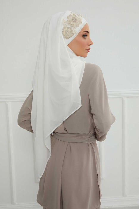 Luxury Instant Chiffon Hijab with Floral Lace, Ready-to-Wear Chiffon Hijab with Embroidered Flowers,CPS-101