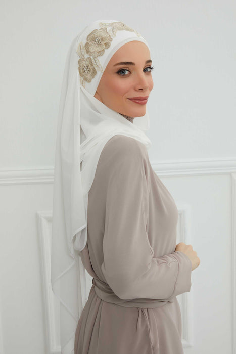 Luxury Instant Chiffon Hijab with Floral Lace, Ready-to-Wear Chiffon Hijab with Embroidered Flowers,CPS-101