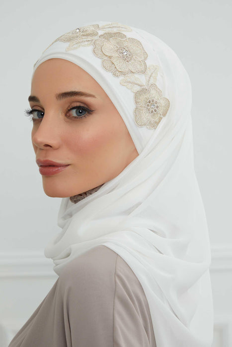 Instant Chiffon Shawl with Elegant Flower Accessories Evening Hijab Ready To Wear Modesty Turban Cap,CPS-101