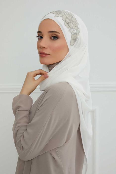 Instant Chiffon Shawl with Elegant Flower Accessories Evening Hijab Ready To Wear Modesty Turban Cap,CPS-101