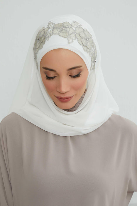 Luxury Instant Chiffon Hijab with Floral Lace, Ready-to-Wear Chiffon Hijab with Embroidered Flowers,CPS-101