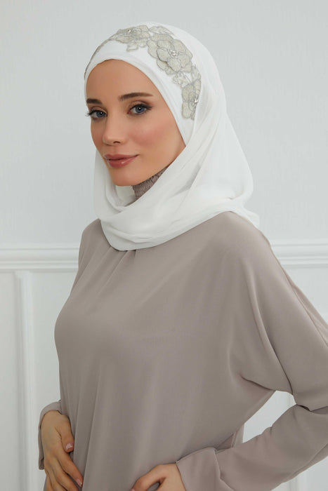 Luxury Instant Chiffon Hijab with Floral Lace, Ready-to-Wear Chiffon Hijab with Embroidered Flowers,CPS-101