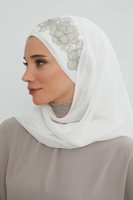 Luxury Instant Chiffon Hijab with Floral Lace, Ready-to-Wear Chiffon Hijab with Embroidered Flowers,CPS-101