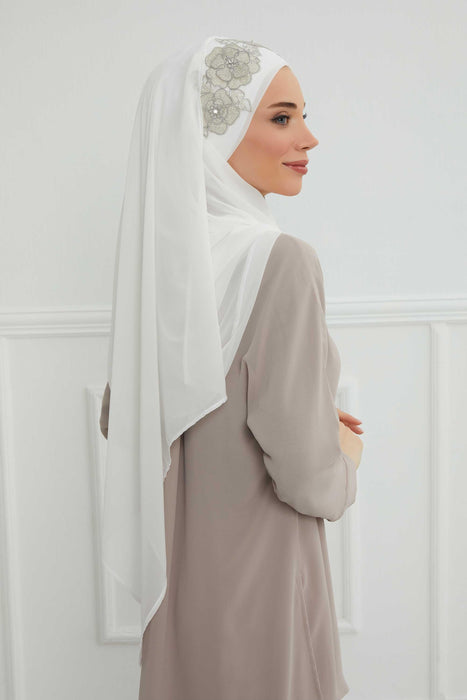 Luxury Instant Chiffon Hijab with Floral Lace, Ready-to-Wear Chiffon Hijab with Embroidered Flowers,CPS-101