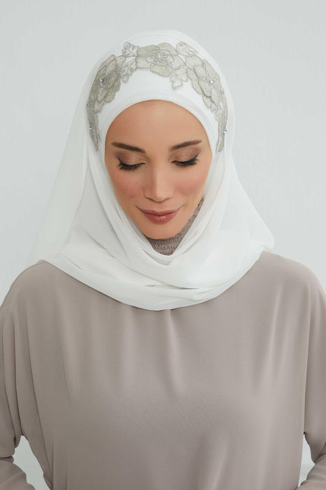 Luxury Instant Chiffon Hijab with Floral Lace, Ready-to-Wear Chiffon Hijab with Embroidered Flowers,CPS-101