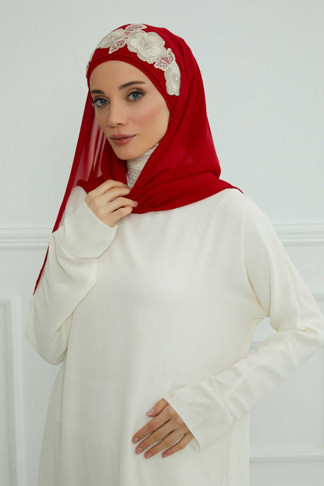 Luxury Instant Chiffon Hijab with Floral Lace, Ready-to-Wear Chiffon Hijab with Embroidered Flowers,CPS-101