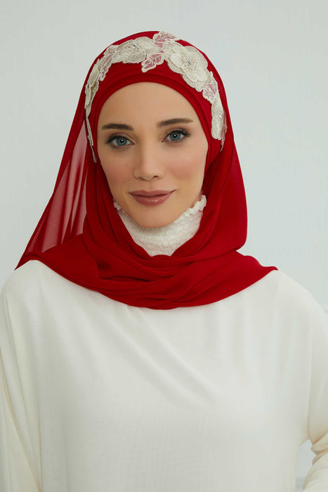 Luxury Instant Chiffon Hijab with Floral Lace, Ready-to-Wear Chiffon Hijab with Embroidered Flowers,CPS-101