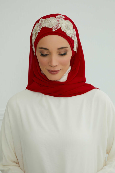 Instant Chiffon Shawl with Elegant Flower Accessories Evening Hijab Ready To Wear Modesty Turban Cap,CPS-101