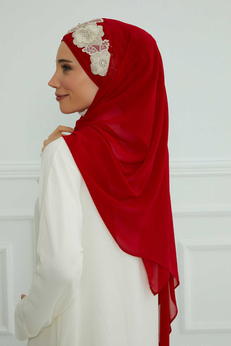 Luxury Instant Chiffon Hijab with Floral Lace, Ready-to-Wear Chiffon Hijab with Embroidered Flowers,CPS-101