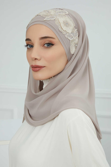 Luxury Instant Chiffon Hijab with Floral Lace, Ready-to-Wear Chiffon Hijab with Embroidered Flowers,CPS-101