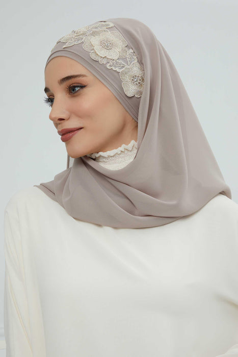 Luxury Instant Chiffon Hijab with Floral Lace, Ready-to-Wear Chiffon Hijab with Embroidered Flowers,CPS-101