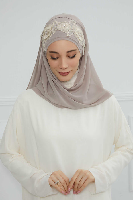 Instant Chiffon Shawl with Elegant Flower Accessories Evening Hijab Ready To Wear Modesty Turban Cap,CPS-101