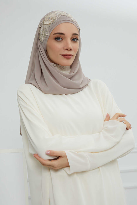 Luxury Instant Chiffon Hijab with Floral Lace, Ready-to-Wear Chiffon Hijab with Embroidered Flowers,CPS-101
