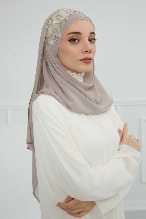 Luxury Instant Chiffon Hijab with Floral Lace, Ready-to-Wear Chiffon Hijab with Embroidered Flowers,CPS-101