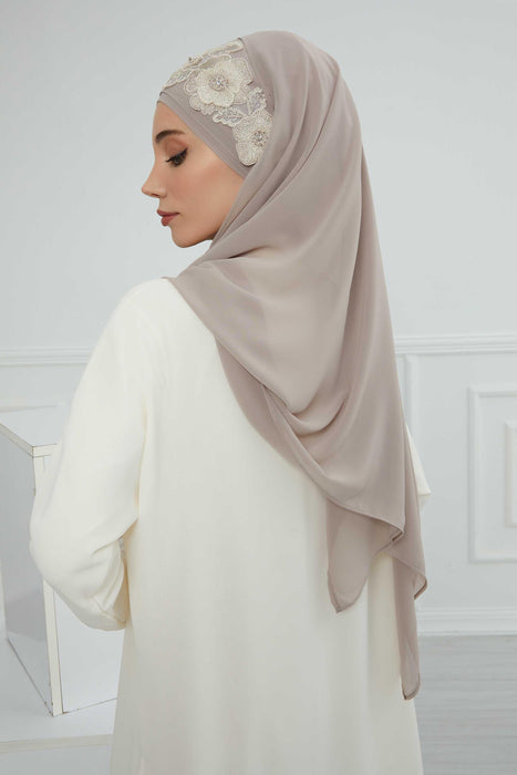 Luxury Instant Chiffon Hijab with Floral Lace, Ready-to-Wear Chiffon Hijab with Embroidered Flowers,CPS-101