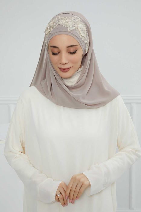 Luxury Instant Chiffon Hijab with Floral Lace, Ready-to-Wear Chiffon Hijab with Embroidered Flowers,CPS-101