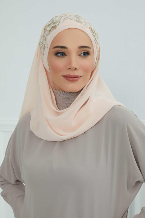 Luxury Instant Chiffon Hijab with Floral Lace, Ready-to-Wear Chiffon Hijab with Embroidered Flowers,CPS-101