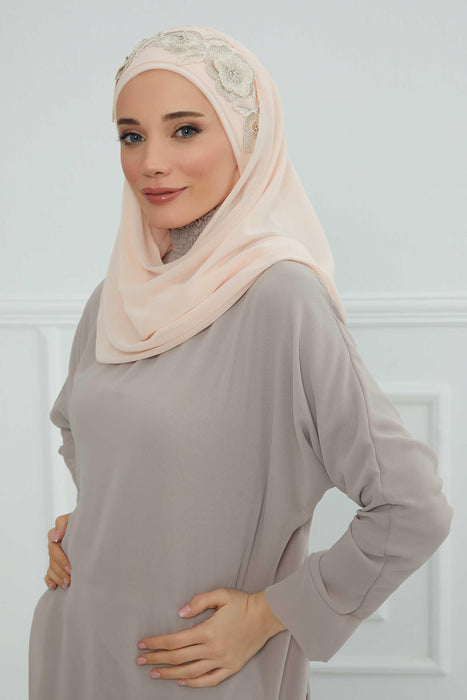 Luxury Instant Chiffon Hijab with Floral Lace, Ready-to-Wear Chiffon Hijab with Embroidered Flowers,CPS-101
