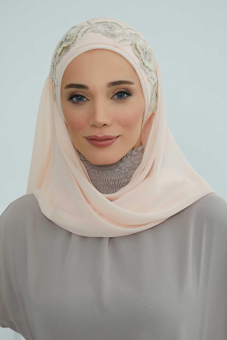 Luxury Instant Chiffon Hijab with Floral Lace, Ready-to-Wear Chiffon Hijab with Embroidered Flowers,CPS-101