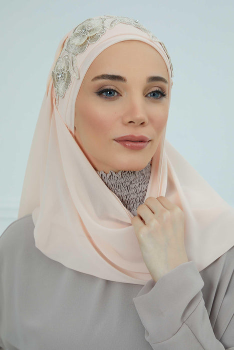 Luxury Instant Chiffon Hijab with Floral Lace, Ready-to-Wear Chiffon Hijab with Embroidered Flowers,CPS-101