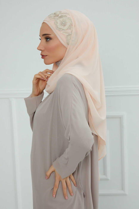 Luxury Instant Chiffon Hijab with Floral Lace, Ready-to-Wear Chiffon Hijab with Embroidered Flowers,CPS-101