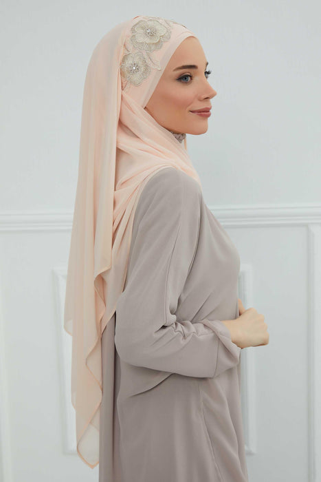 Instant Chiffon Shawl with Elegant Flower Accessories Evening Hijab Ready To Wear Modesty Turban Cap,CPS-101