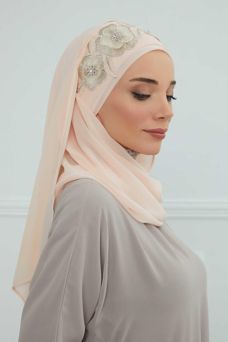 Luxury Instant Chiffon Hijab with Floral Lace, Ready-to-Wear Chiffon Hijab with Embroidered Flowers,CPS-101
