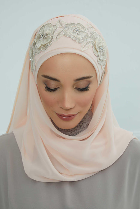 Luxury Instant Chiffon Hijab with Floral Lace, Ready-to-Wear Chiffon Hijab with Embroidered Flowers,CPS-101