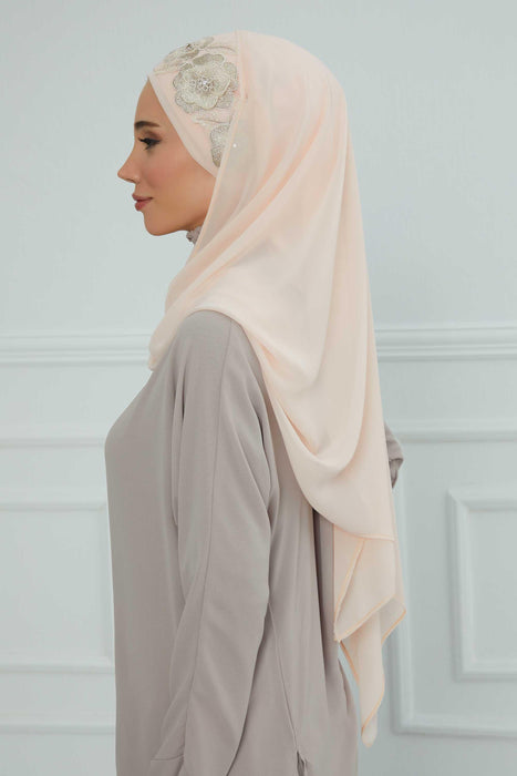 Luxury Instant Chiffon Hijab with Floral Lace, Ready-to-Wear Chiffon Hijab with Embroidered Flowers,CPS-101