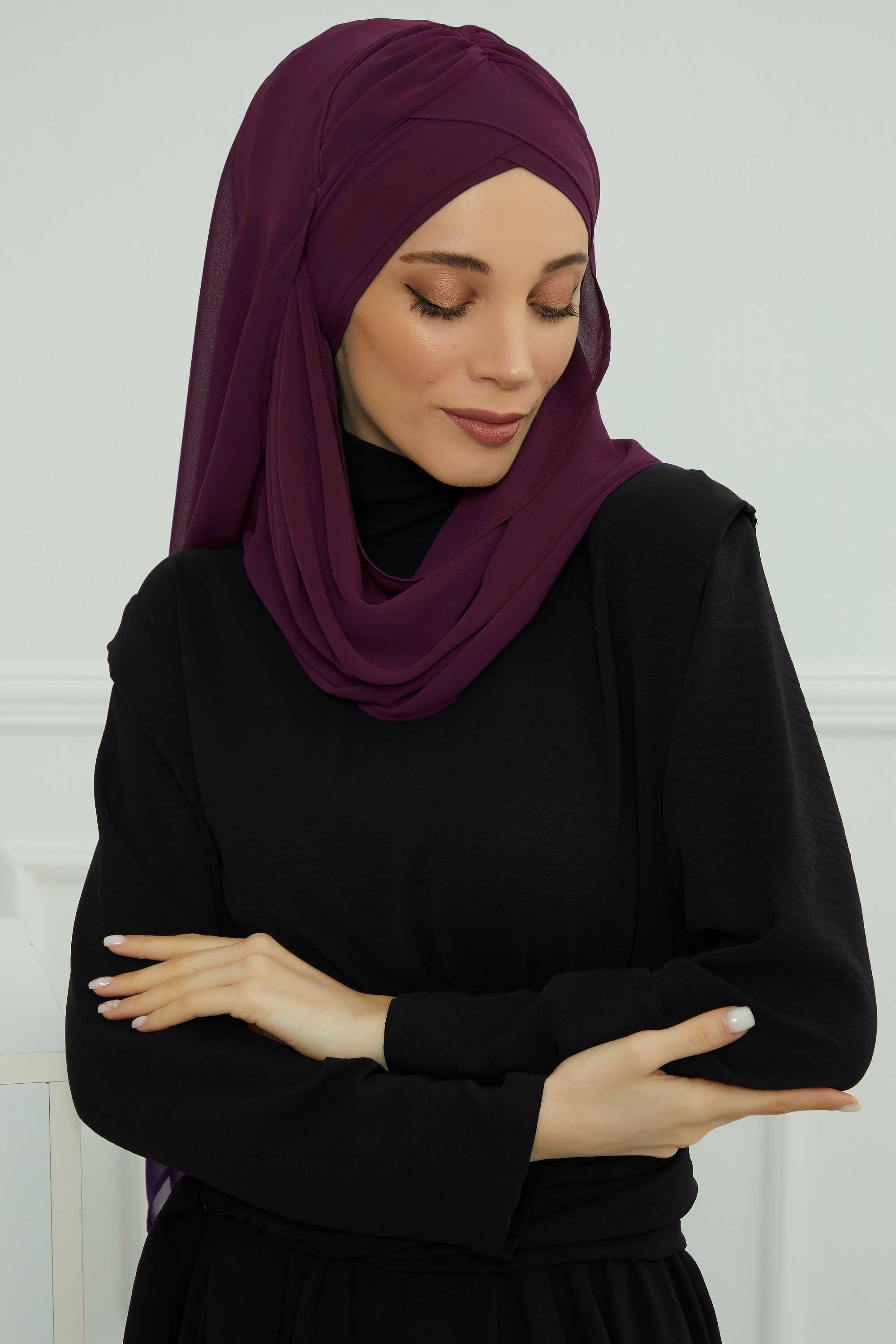 Instant Chiffon Shawl with Stylish Cross Stitching, Lightweight Cross-Stitched Chiffon Shawl, Stylish Instant Hijab Scarf for Women,CPS-502