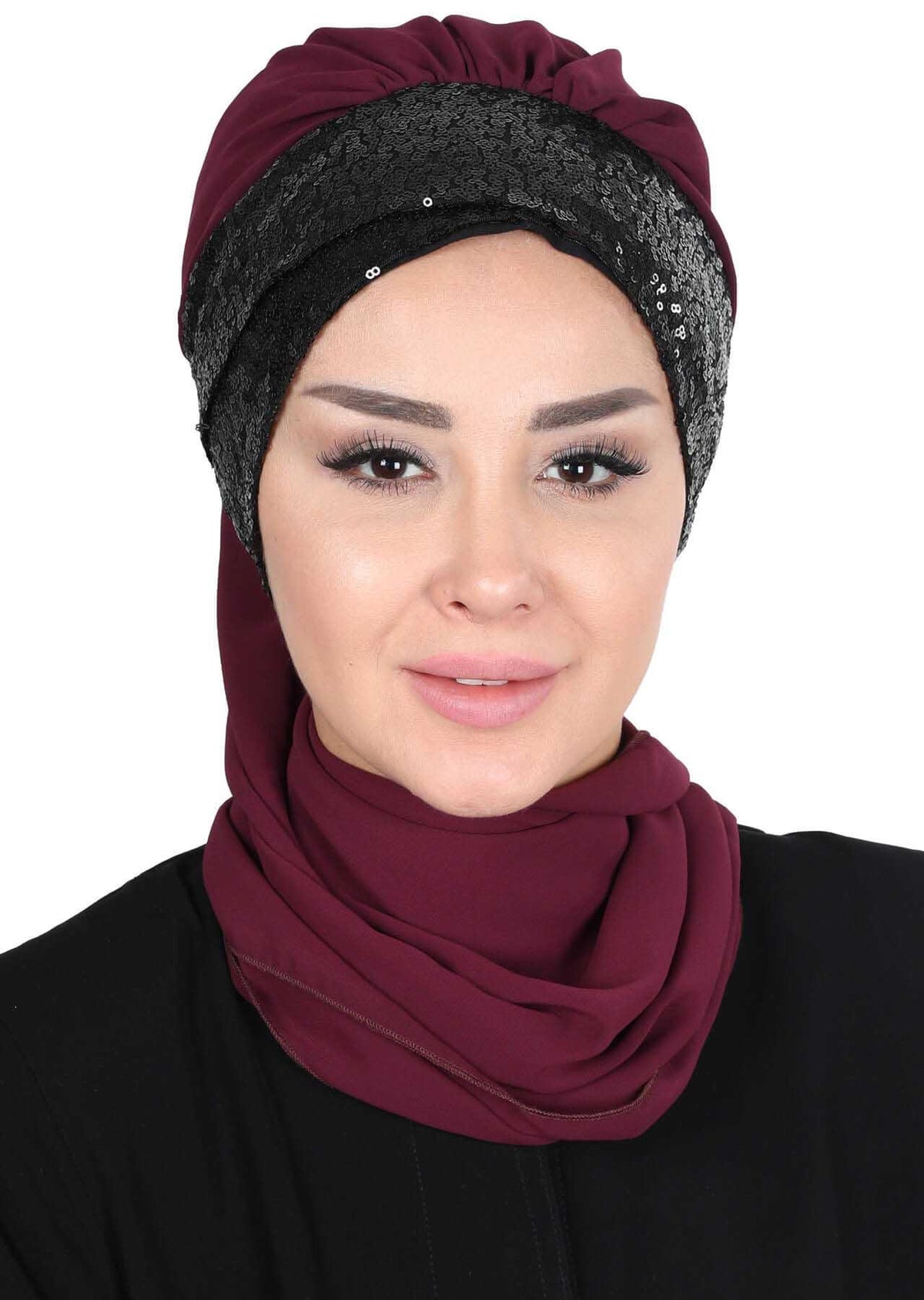 Instant Chiffon Turban with Scarf and Sequin Accessories Shawl for Women Instant Scarf Chiffon Turban Cap Hat Glitter Head Wrap,HT-54P Damson - Black