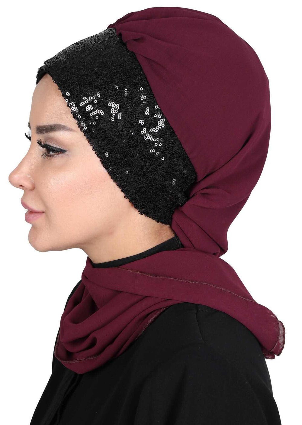 Instant Chiffon Turban with Scarf and Sequin Accessories Shawl for Women Instant Scarf Chiffon Turban Cap Hat Glitter Head Wrap,HT-54P Damson - Black