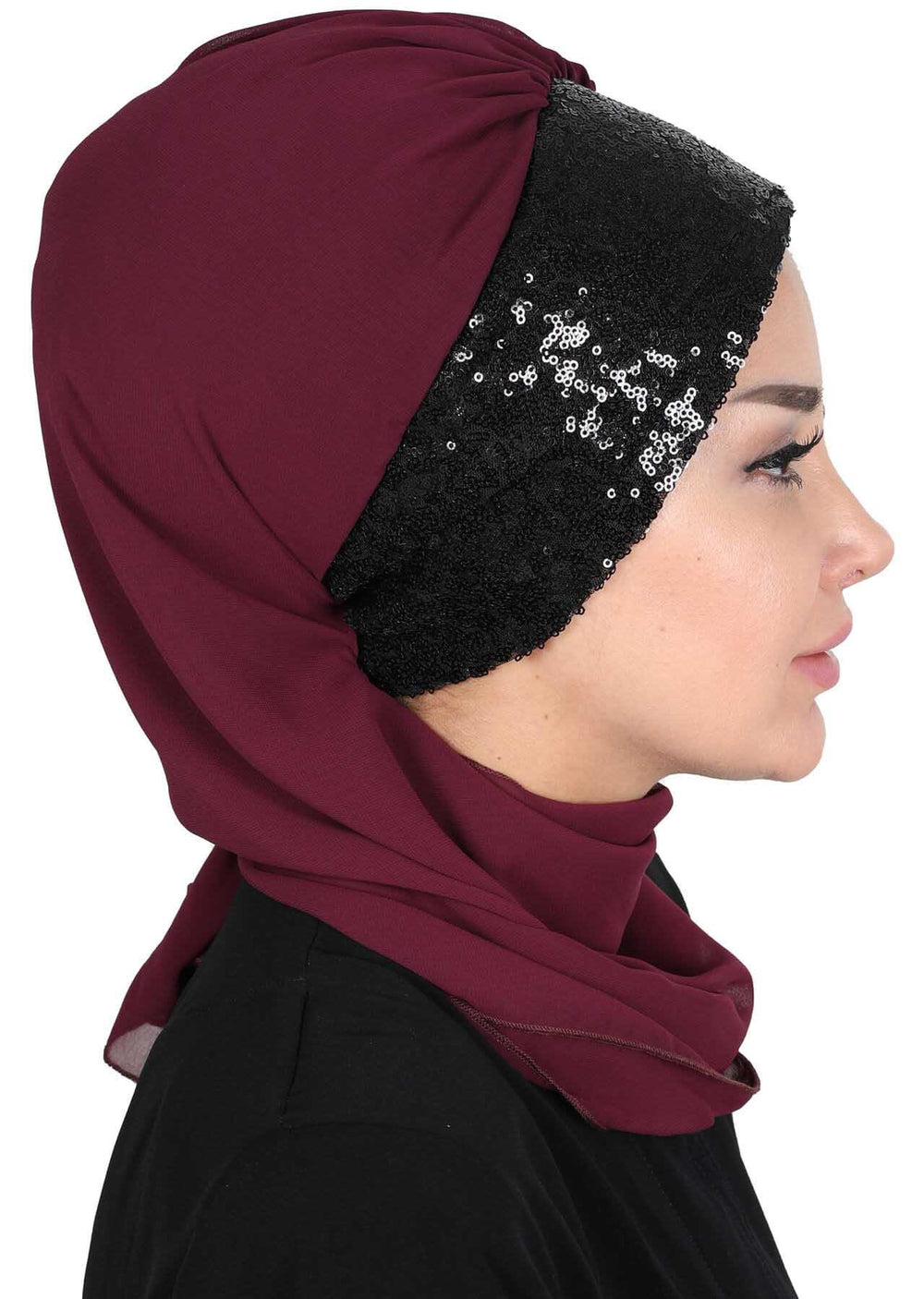 Instant Chiffon Turban with Scarf and Sequin Accessories Shawl for Women Instant Scarf Chiffon Turban Cap Hat Glitter Head Wrap,HT-54P Damson - Black