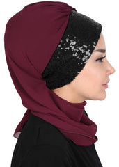 Instant Chiffon Turban with Scarf and Sequin Accessories Shawl for Women Instant Scarf Chiffon Turban Cap Hat Glitter Head Wrap,HT-54P Damson - Black