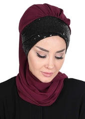 Instant Chiffon Turban with Scarf and Sequin Accessories Shawl for Women Instant Scarf Chiffon Turban Cap Hat Glitter Head Wrap,HT-54P Damson - Black