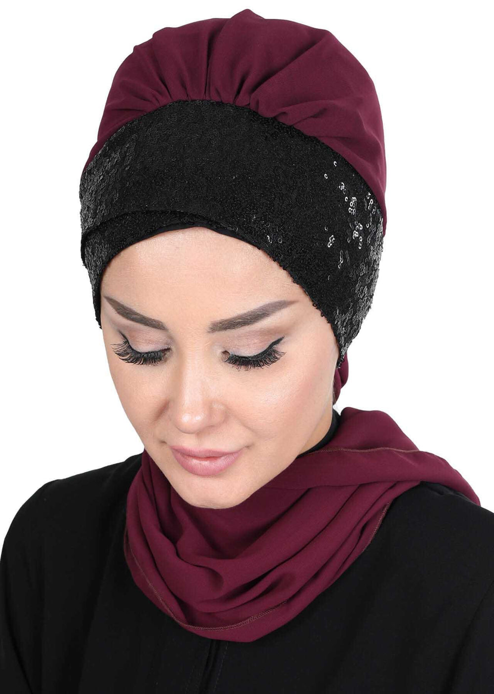 Instant Chiffon Turban with Scarf and Sequin Accessories Shawl for Women Instant Scarf Chiffon Turban Cap Hat Glitter Head Wrap,HT-54P Damson - Black