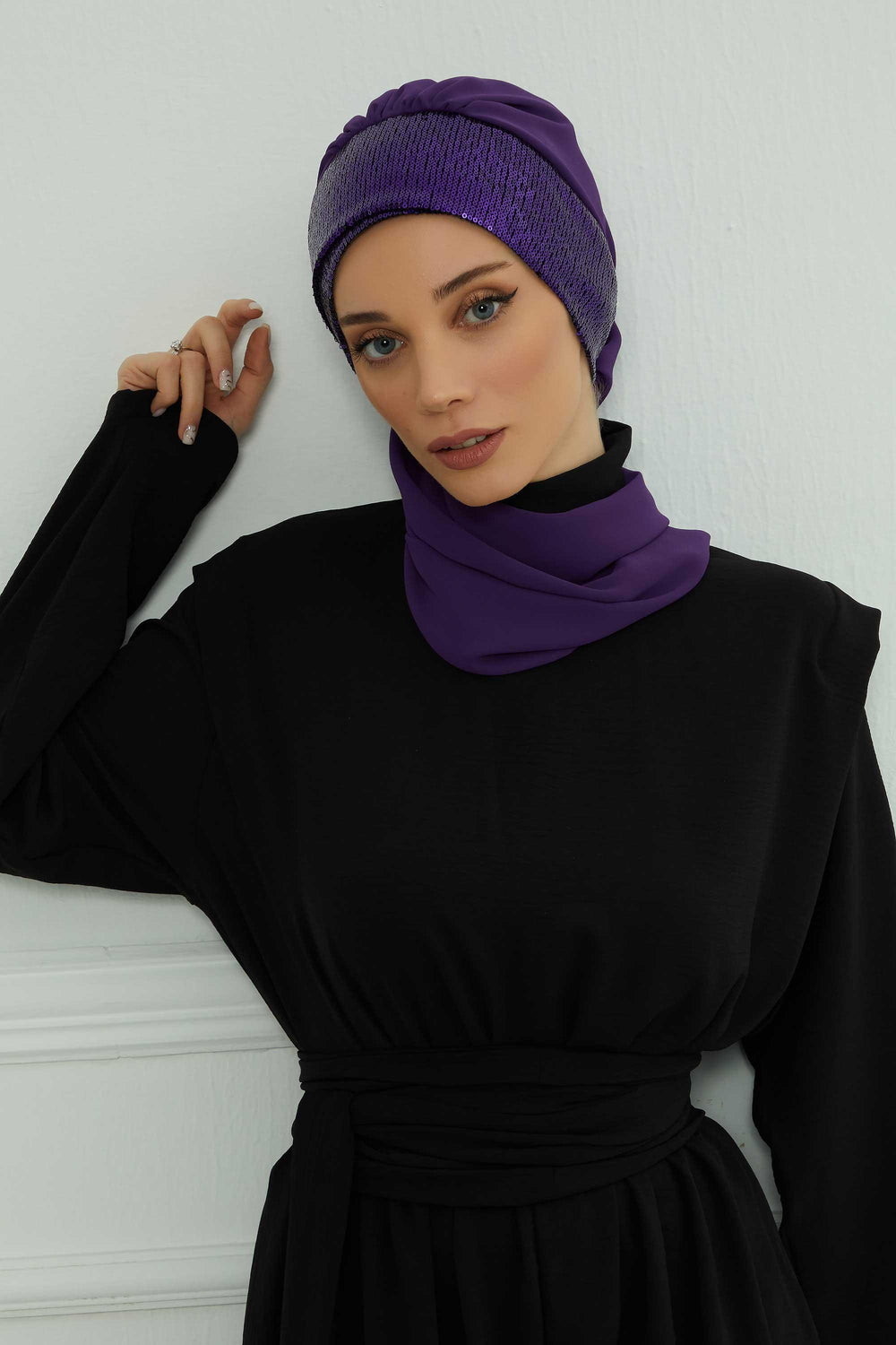 Instant Chiffon Turban with Scarf and Sequin Accessories Shawl for Women Instant Scarf Chiffon Turban Cap Hat Glitter Head Wrap,HT-54P Purple - Purple